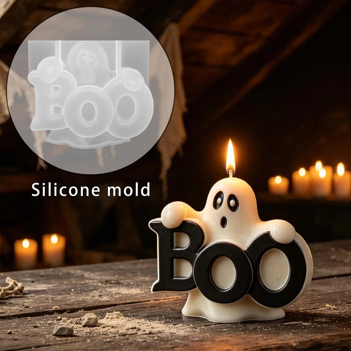 Halloween ghost candle peeking over bold BOO lettering