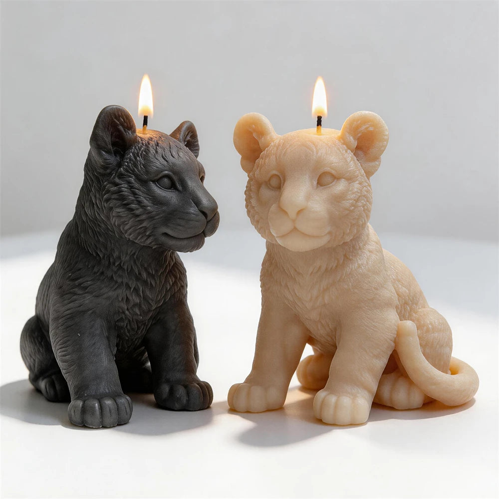 Finished tiger cub soy candle released from its silicone mold.