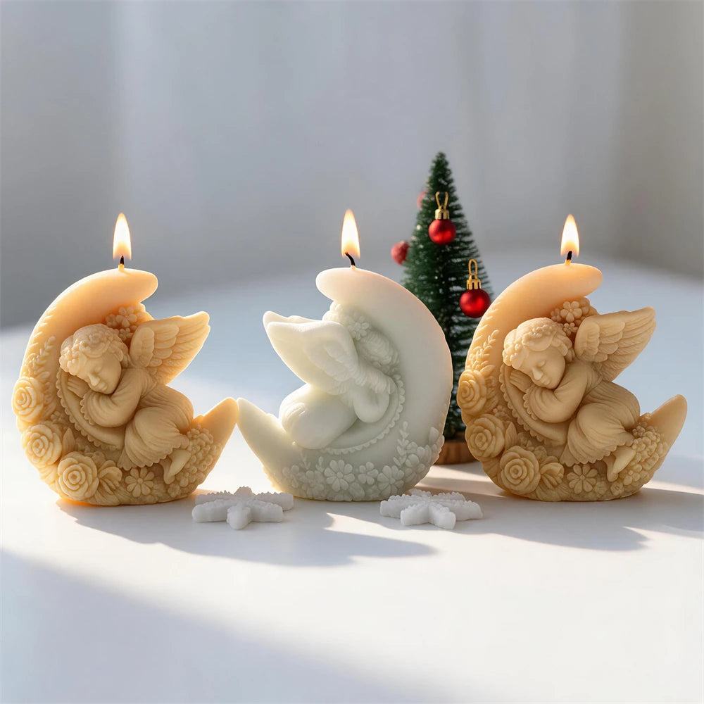 Floral crescent moon angel candles with roses and detailed feathered wings