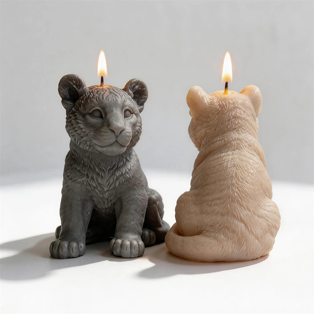 Finished tiger cub soy candle released from its silicone mold.