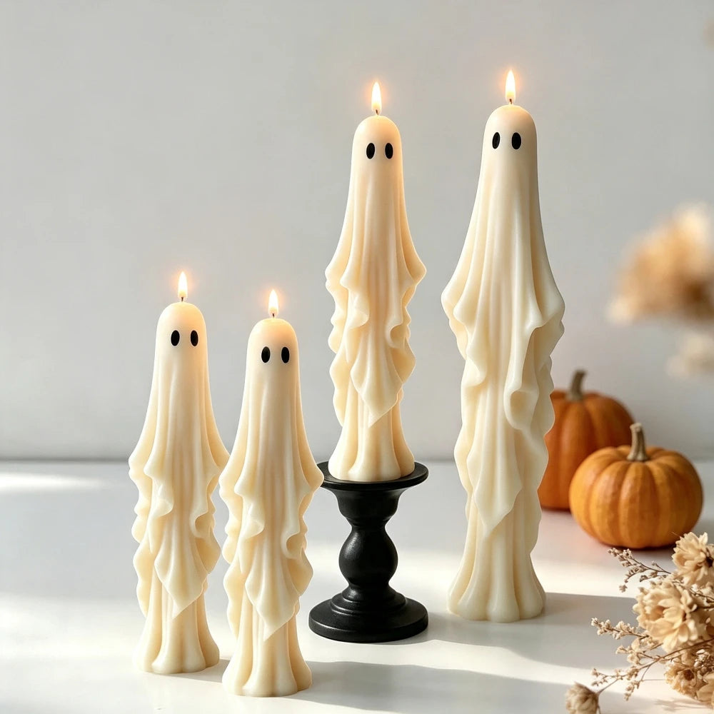 Tall draped ghost Halloween candles in two different sizes