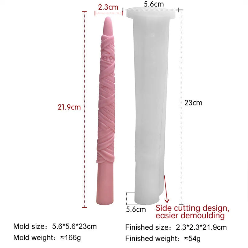 Wrapped mummy long taper silicone candle mold for Halloween