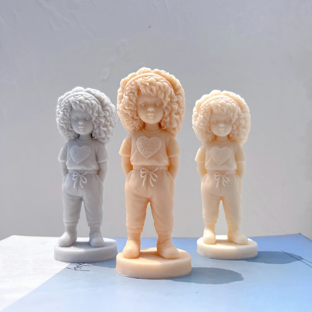 Curly Hair Girl with Heart Shirt Candle Mold