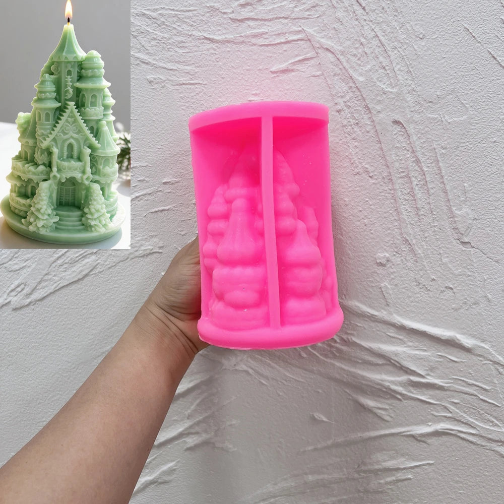 Fairytale castle silicone candle mold with balconies and evergreen trees
