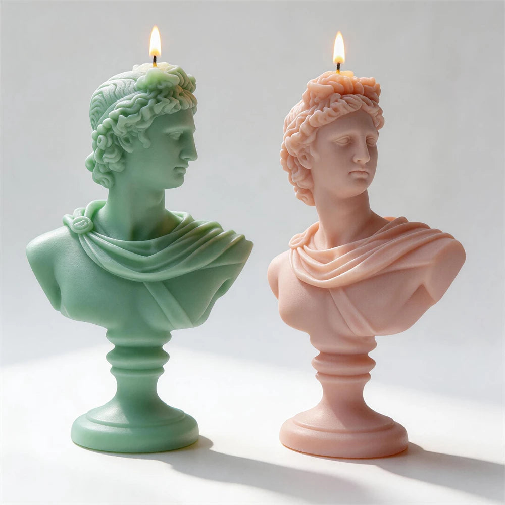 Finished Apollo bust soy candle released from its silicone mold.