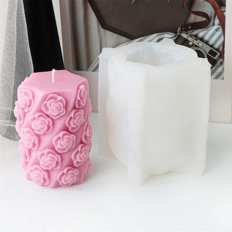 3D Relief Bees Cylindrical Floral Pillar Candle Silicone Mold