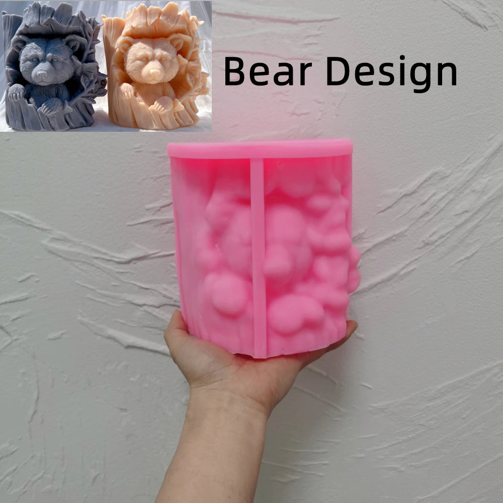Raccoon and Bear Hiding In Tree Trunk Silicone Candle Mold