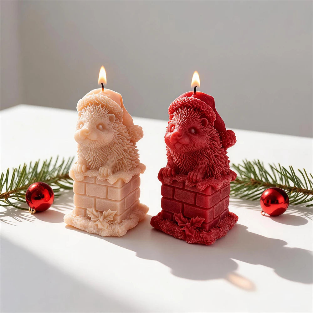 Christmas hedgehog candle wearing Santa hat and sitting in brick chimney