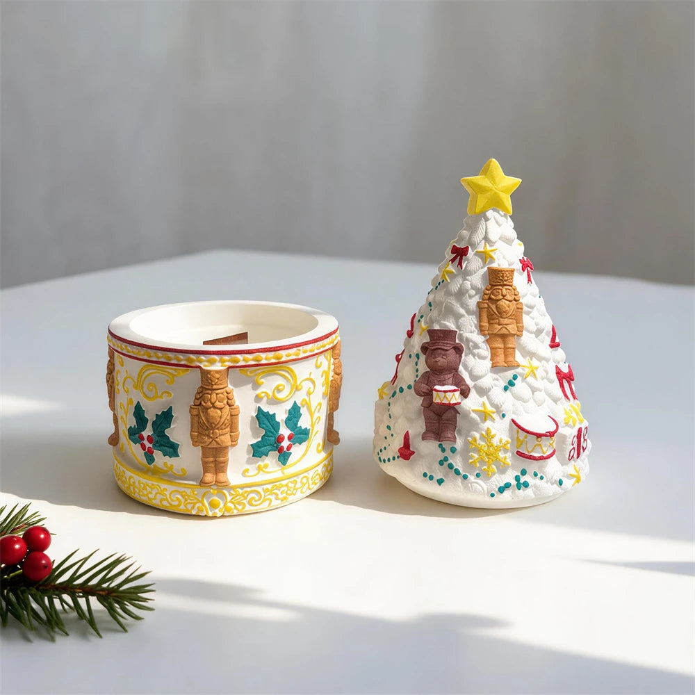 Lidded Christmas container with Nutcracker soldiers bows drum and snowflakes