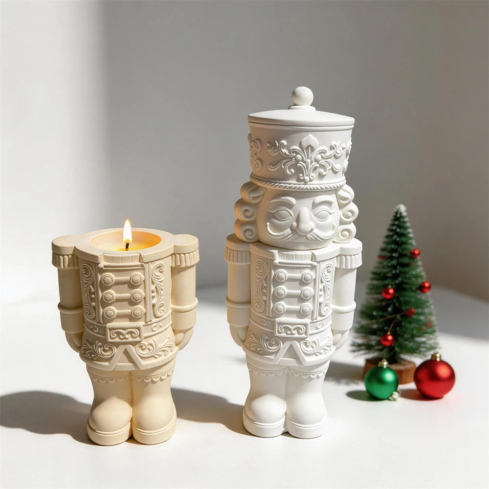 Ornate Nutcracker candle vessel with moustache buttons scrollwork and boots