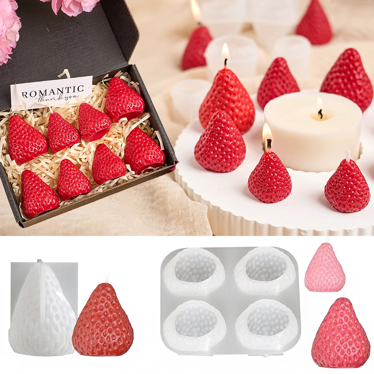 Strawberry Shaped Silicone Candle Mold 4PCS/1PC S/M/L
