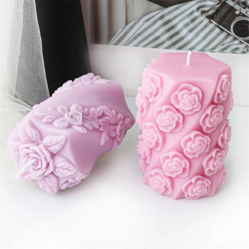 3D Relief Bees Cylindrical Floral Pillar Candle Silicone Mold