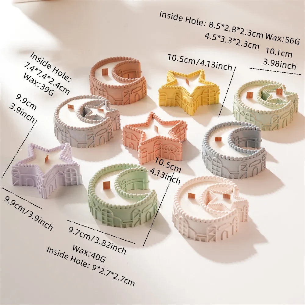 Set of colorful wax molds with dimensions and weight information on a white background