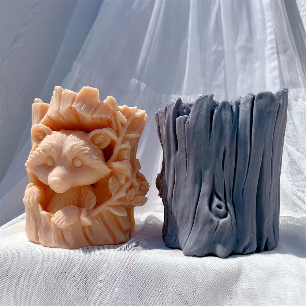 Raccoon and Bear Hiding In Tree Trunk Silicone Candle Mold