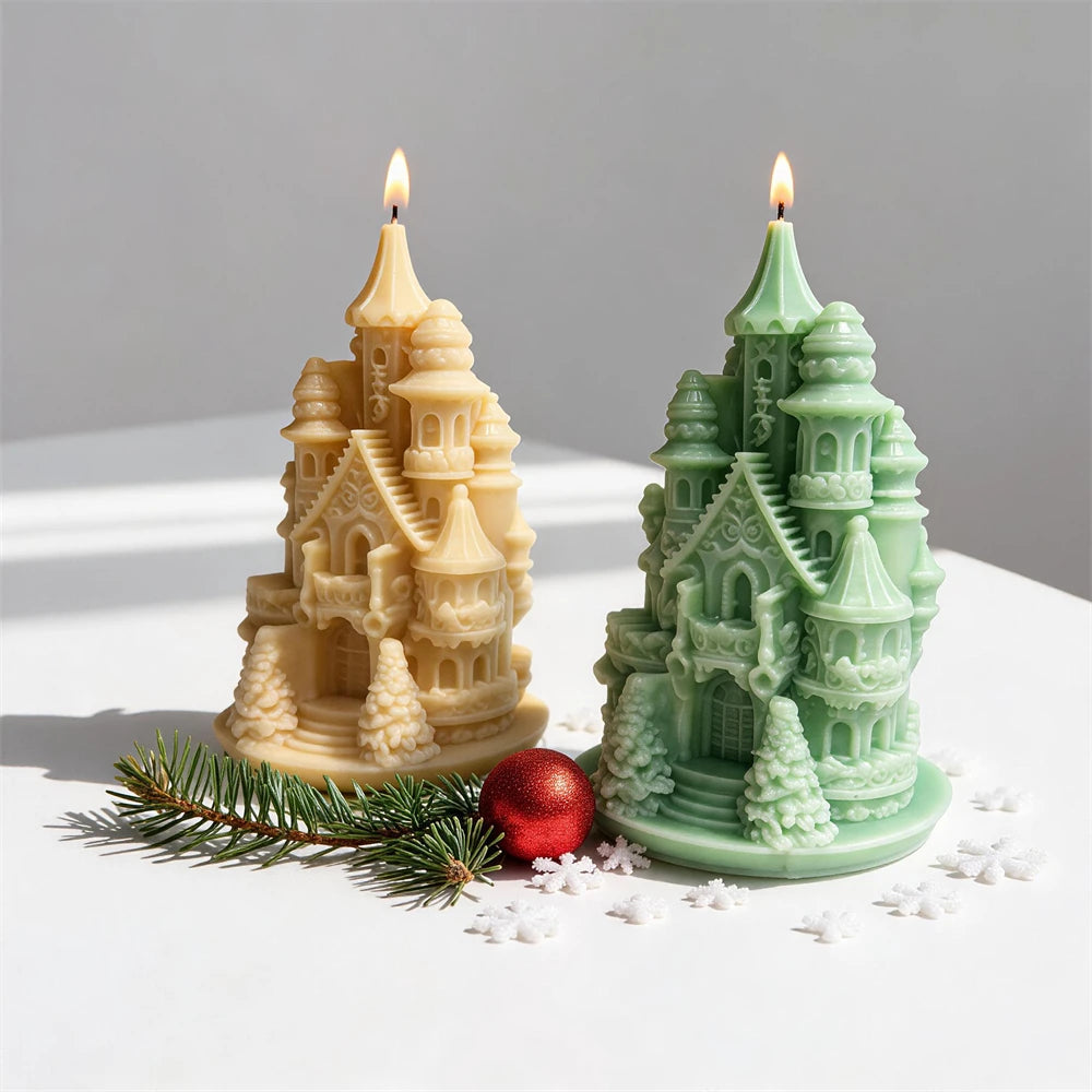 Fantasy castle candle with ornate entrance turrets windows and woodland details