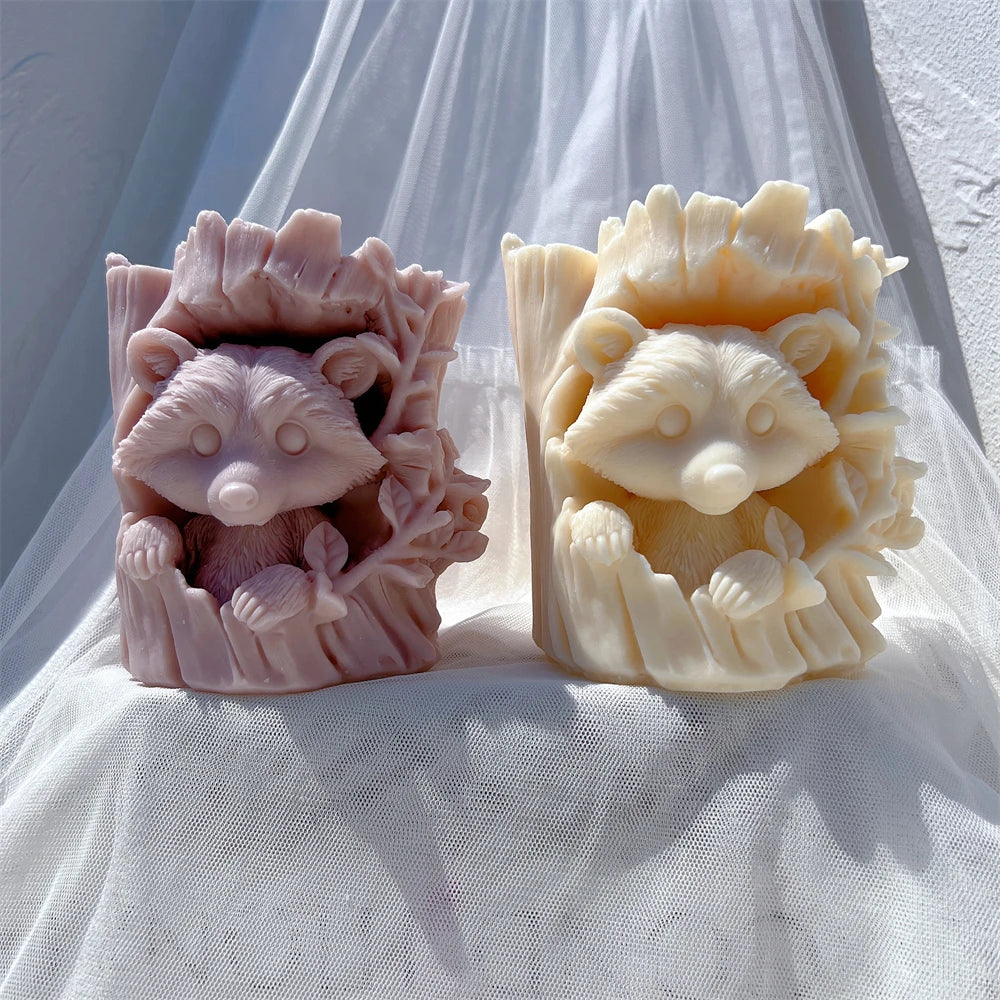 Raccoon and Bear Hiding In Tree Trunk Silicone Candle Mold