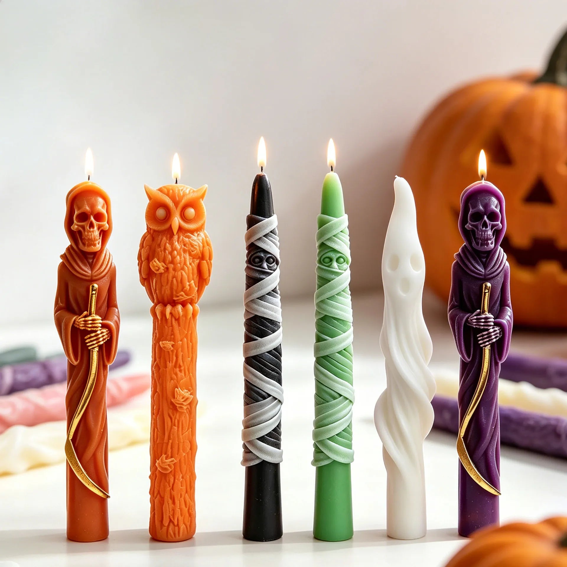Halloween taper candles in mummy ghost Grim Reaper and owl designs