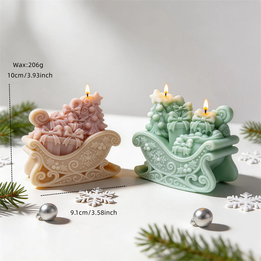 Christmas sleigh candle measuring 10 centimetres tall with festive gifts