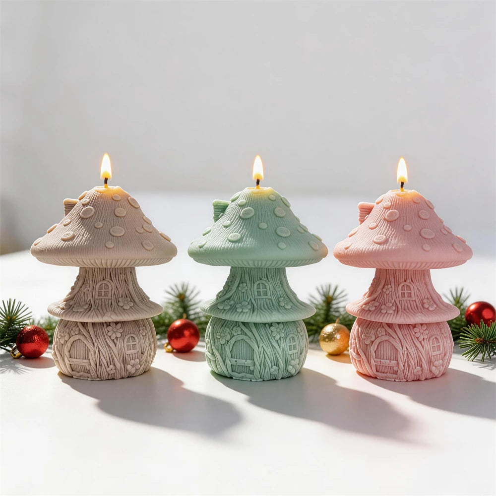 Mushroom fairy house candles with spotted caps windows and tiny cottage doors