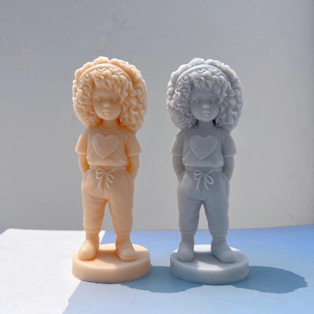 Curly Hair Girl with Heart Shirt Candle Mold