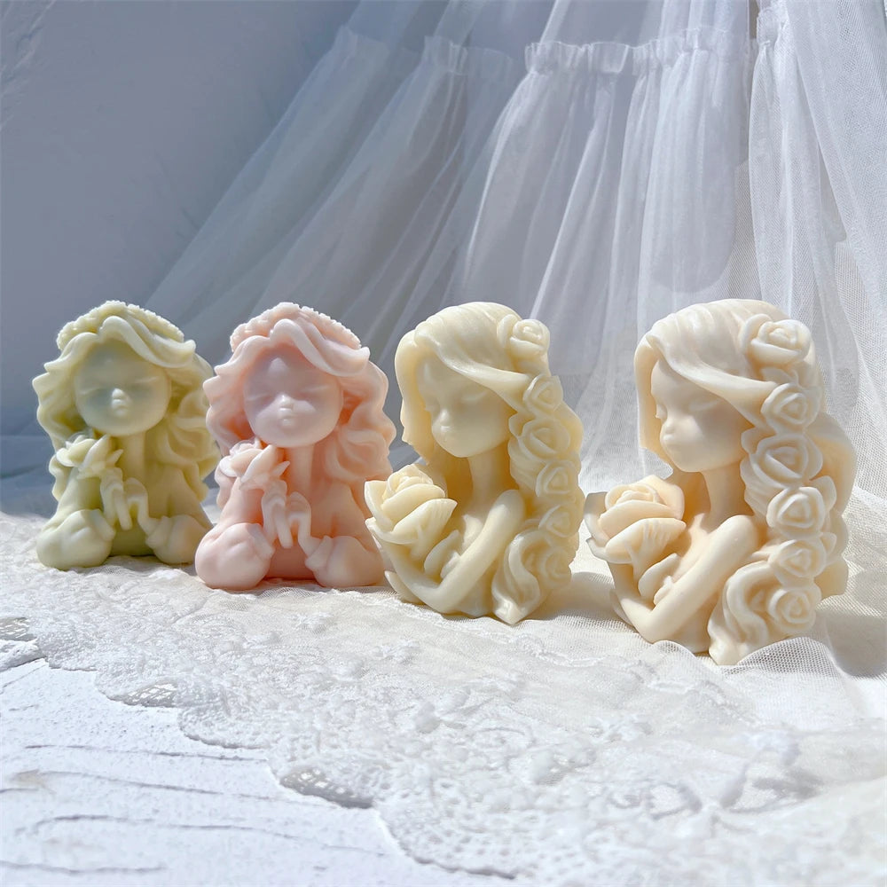 Two Designs Flower Fairy Figure Sculpture Candle Molds