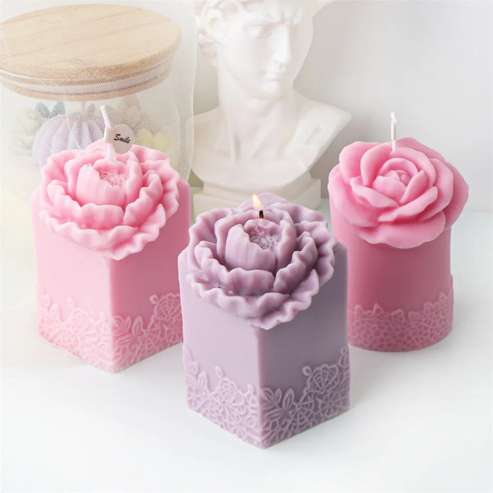 Lace Peony Square Pillar and Rose Cylindrical Silicone Candle Mold
