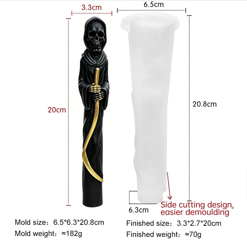 Grim Reaper taper candle with hooded skull and curved scythe