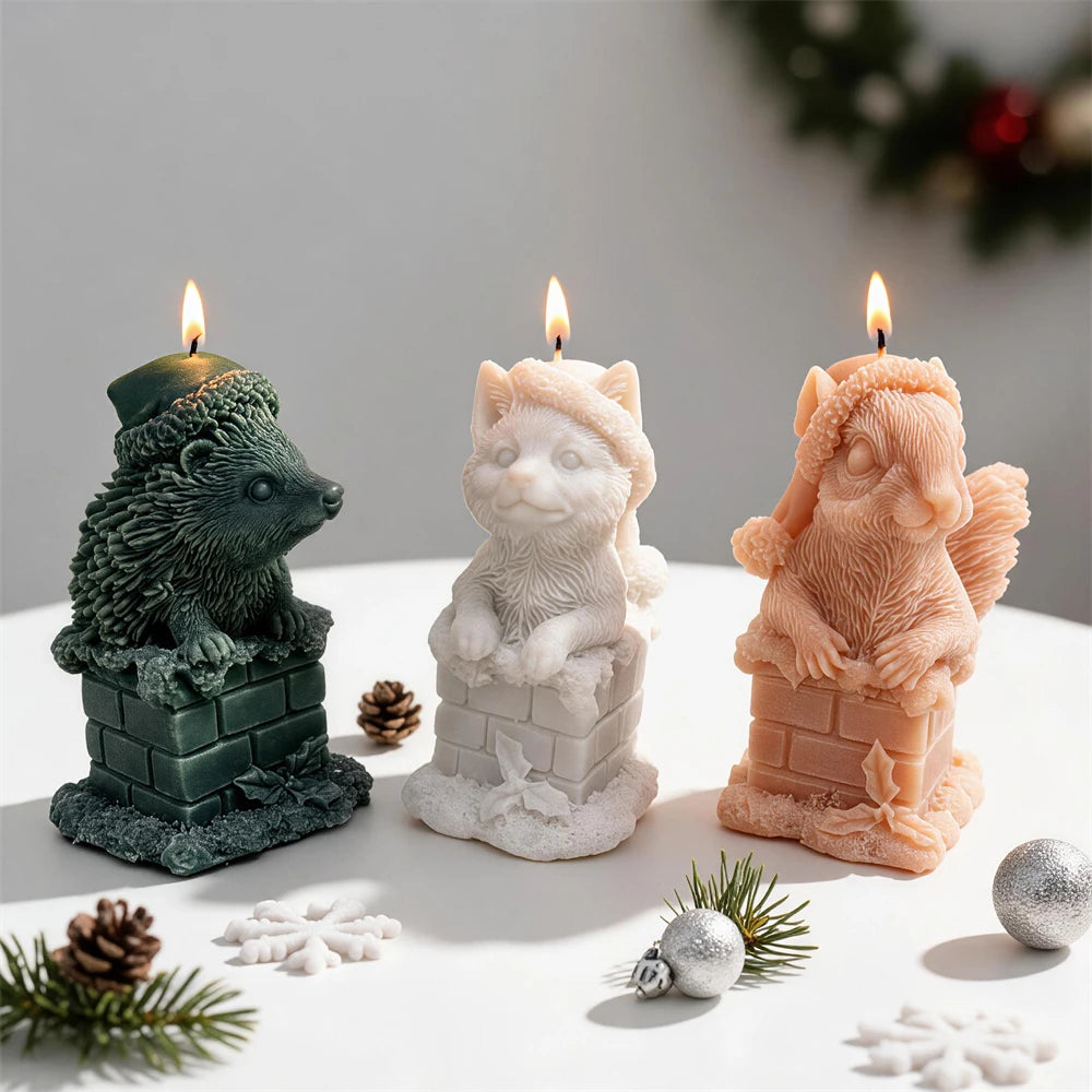 Christmas chimney animal candles with hedgehog cat and squirrel designs