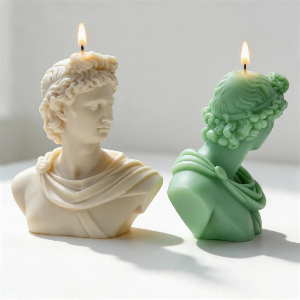 Apollo Greek statue silicone candle mold standing on a shelf.