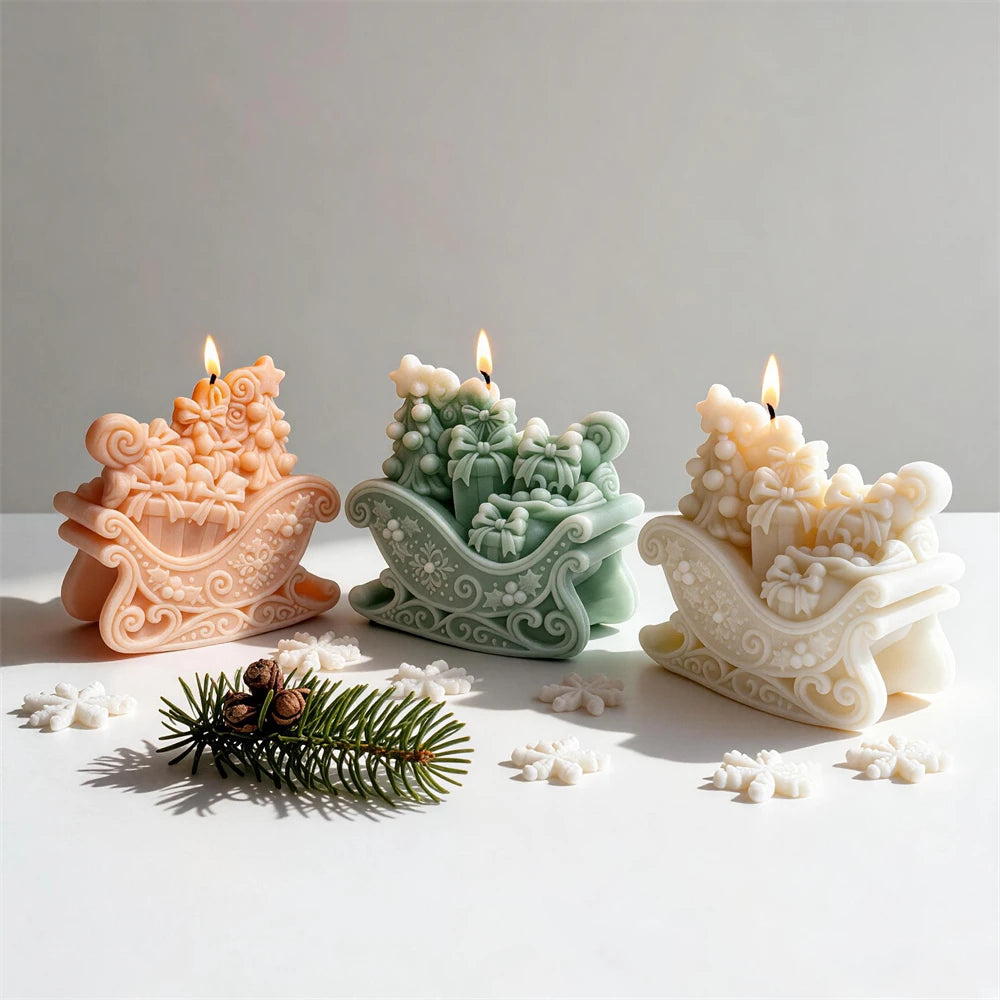 Pink sage cream and peach Christmas gift sleigh candles for festive décor
