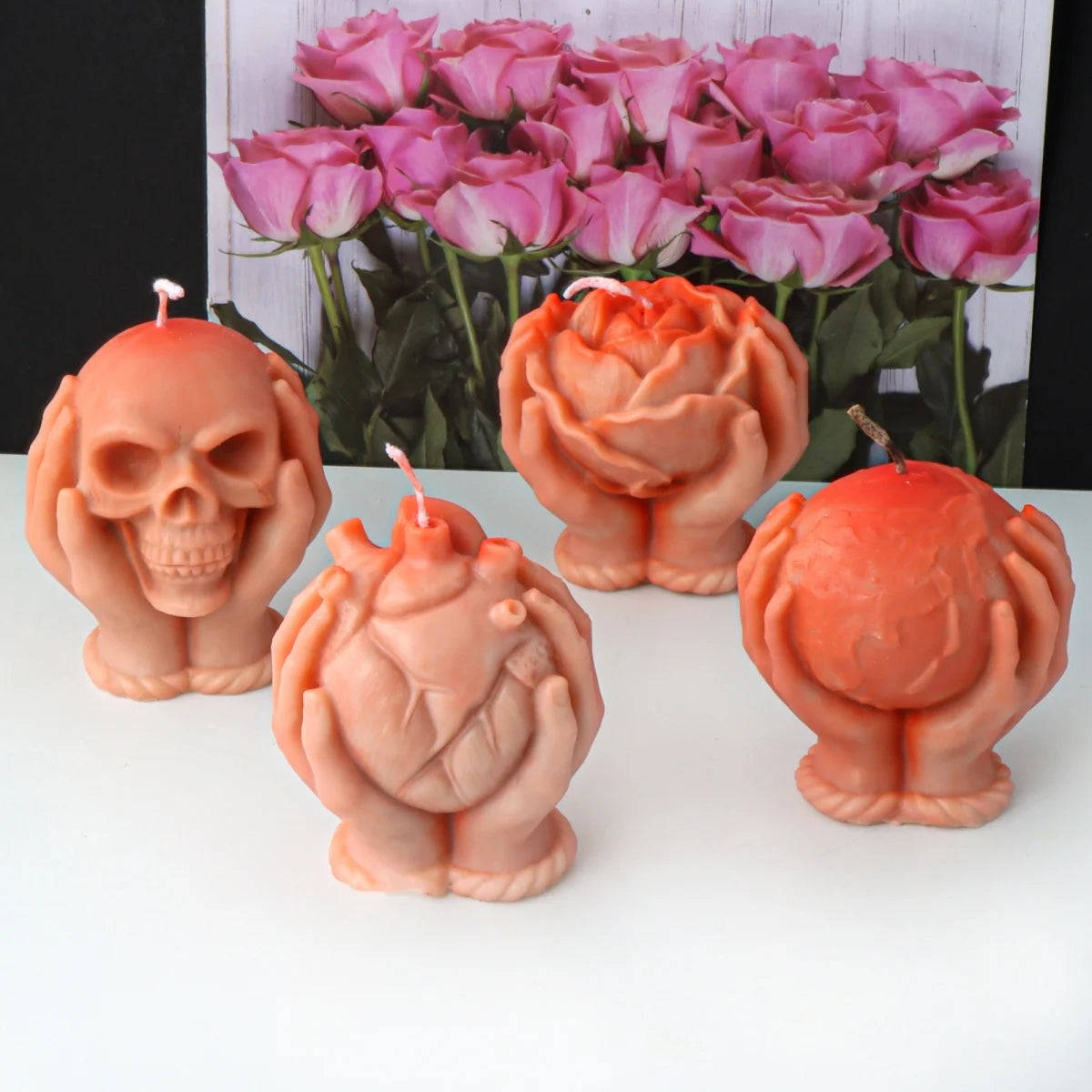 3D Hand Holding Rose Heart Skull Silicone Mold