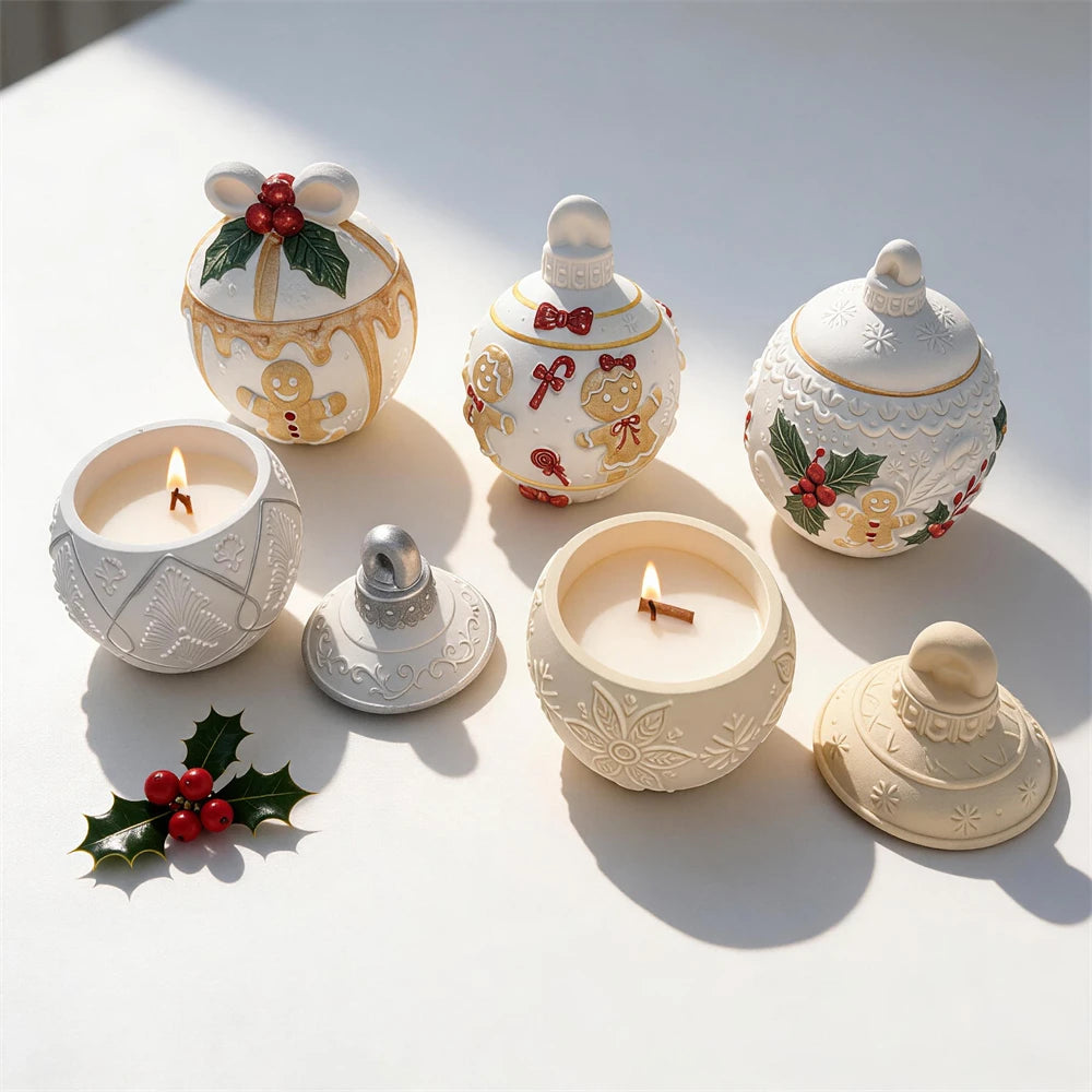 Lidded Christmas bauble containers with gingerbread holly and candy details