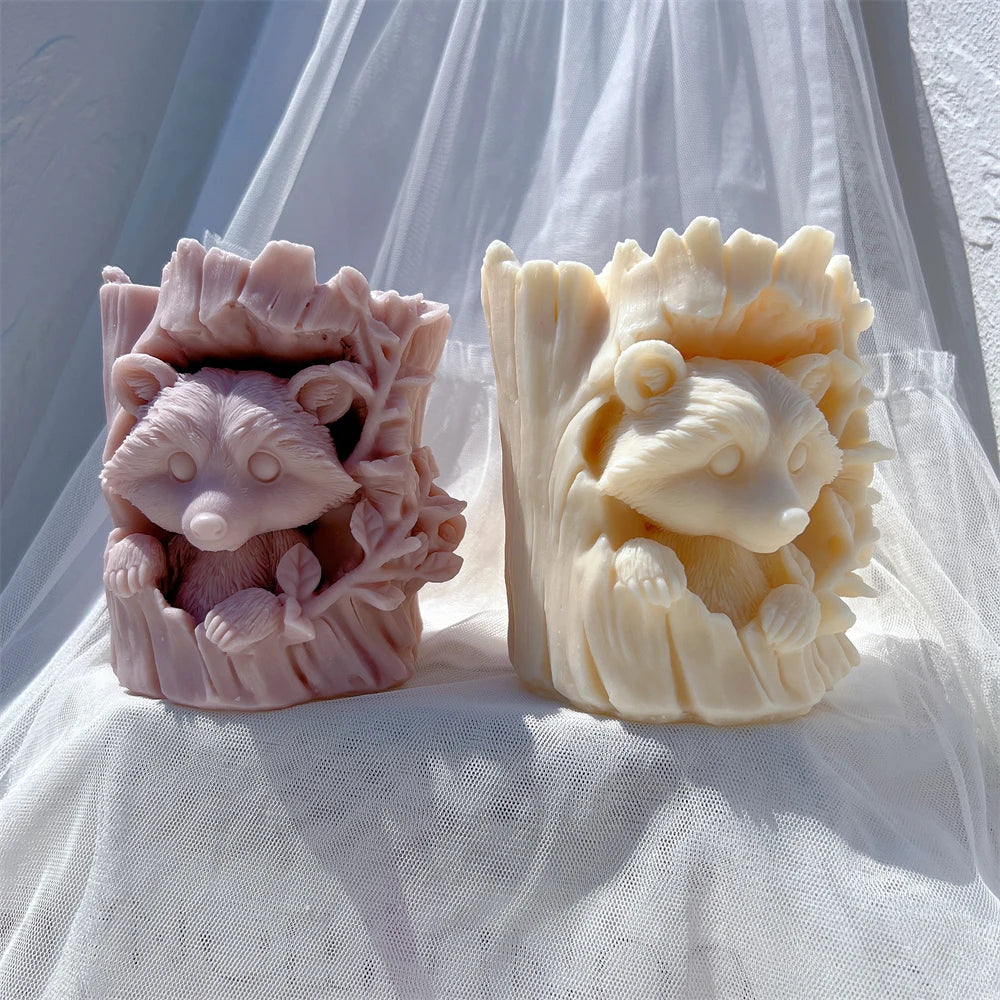 Raccoon and Bear Hiding In Tree Trunk Silicone Candle Mold