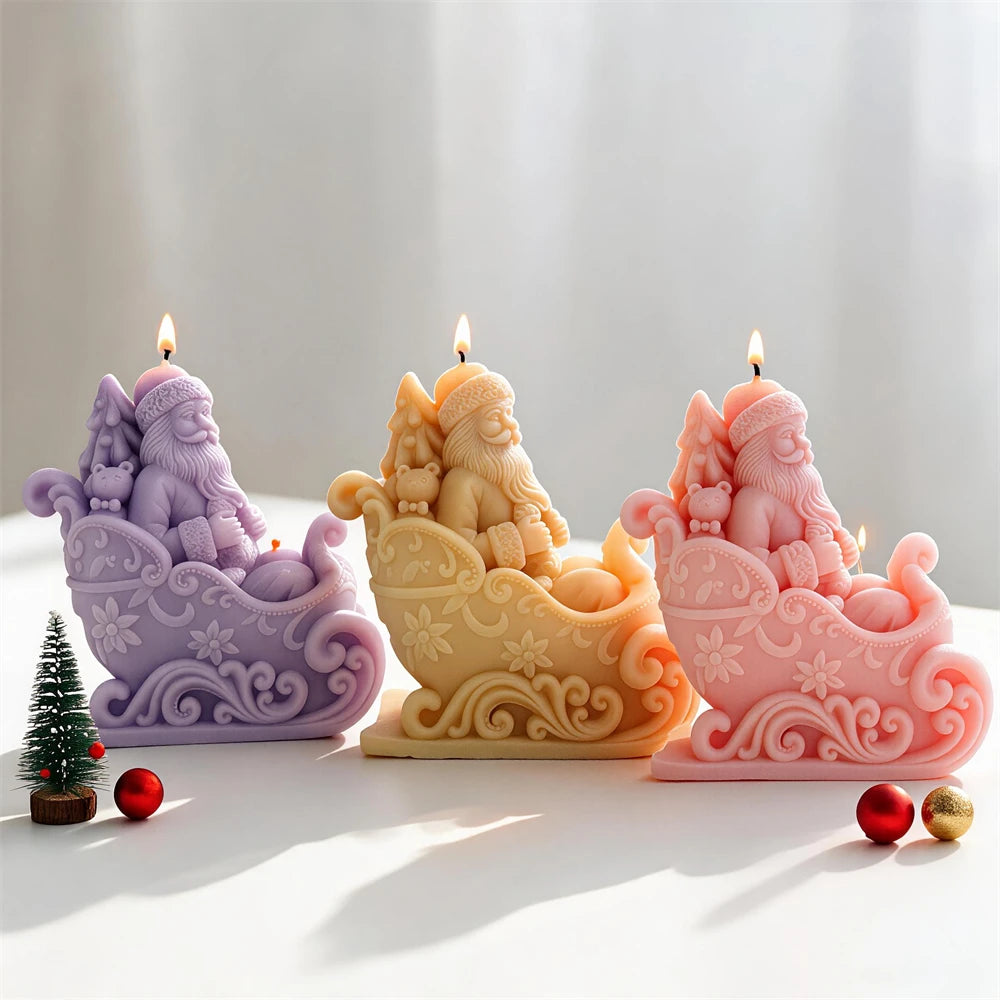 Santa Claus seated in ornate Christmas sleigh candles with decorative scrollwork