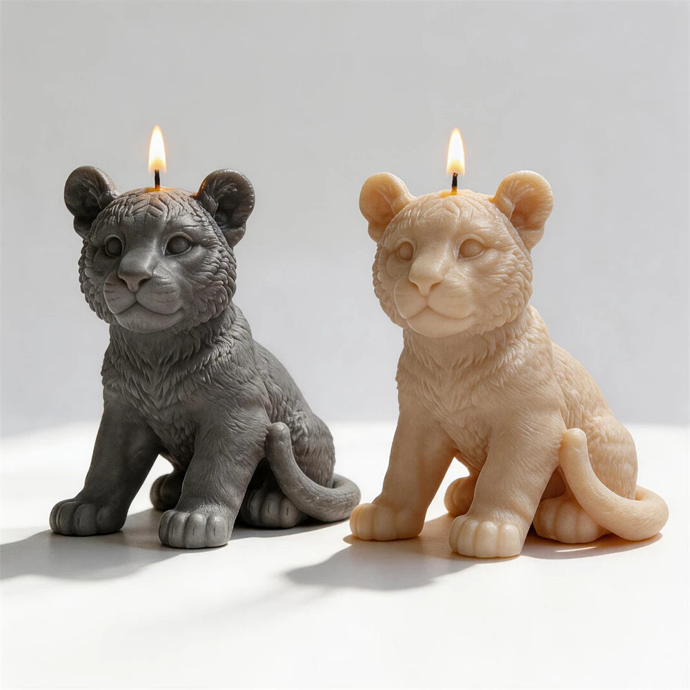 Finished tiger cub soy candle released from its silicone mold.