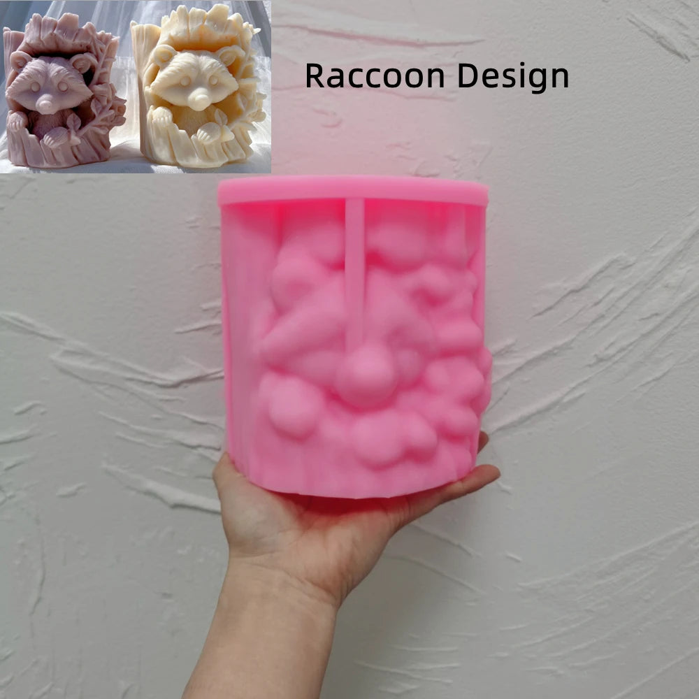 Raccoon and Bear Hiding In Tree Trunk Silicone Candle Mold