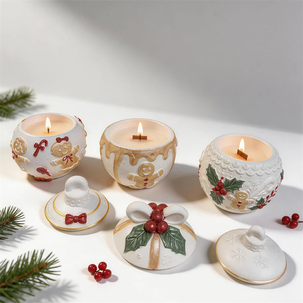 Lidded Christmas bauble containers with gingerbread holly and candy details