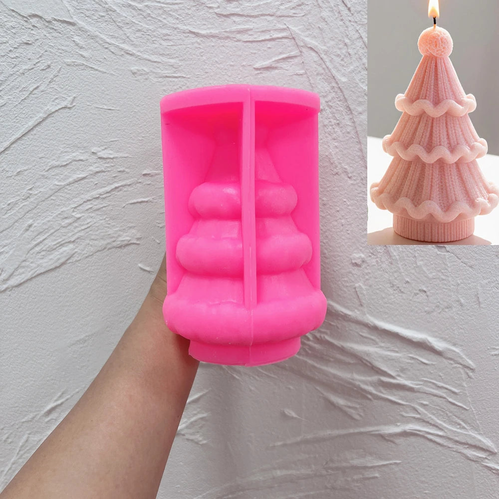 Knitted Christmas tree silicone candle mold with scalloped yarn tiers