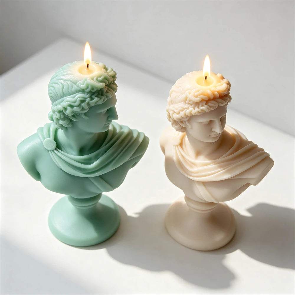 Finished Apollo bust soy candle released from its silicone mold.