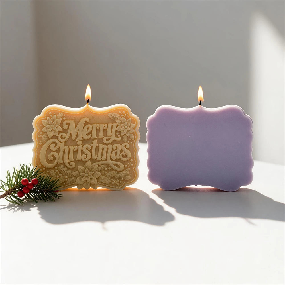 Poinsettia Merry Christmas plaque candles with raised festive lettering
