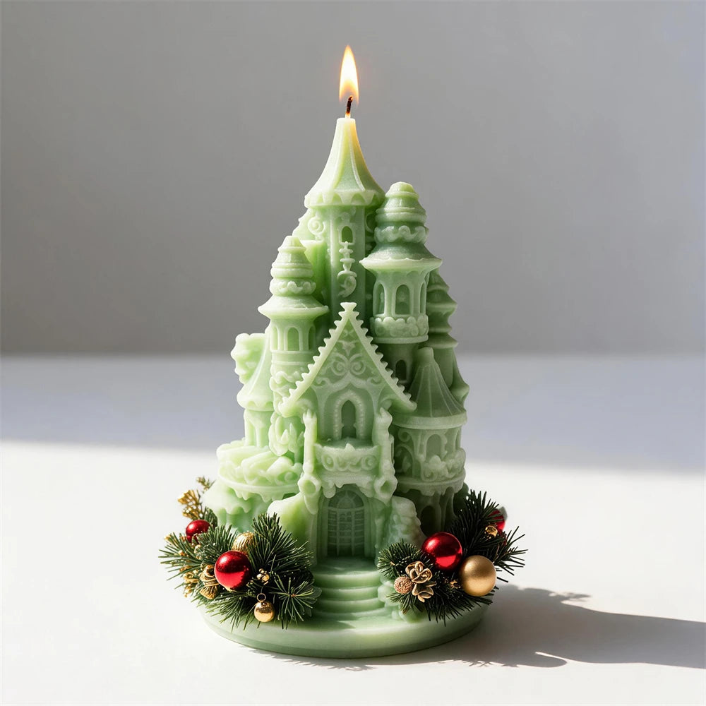 Fantasy castle candle with ornate entrance turrets windows and woodland details