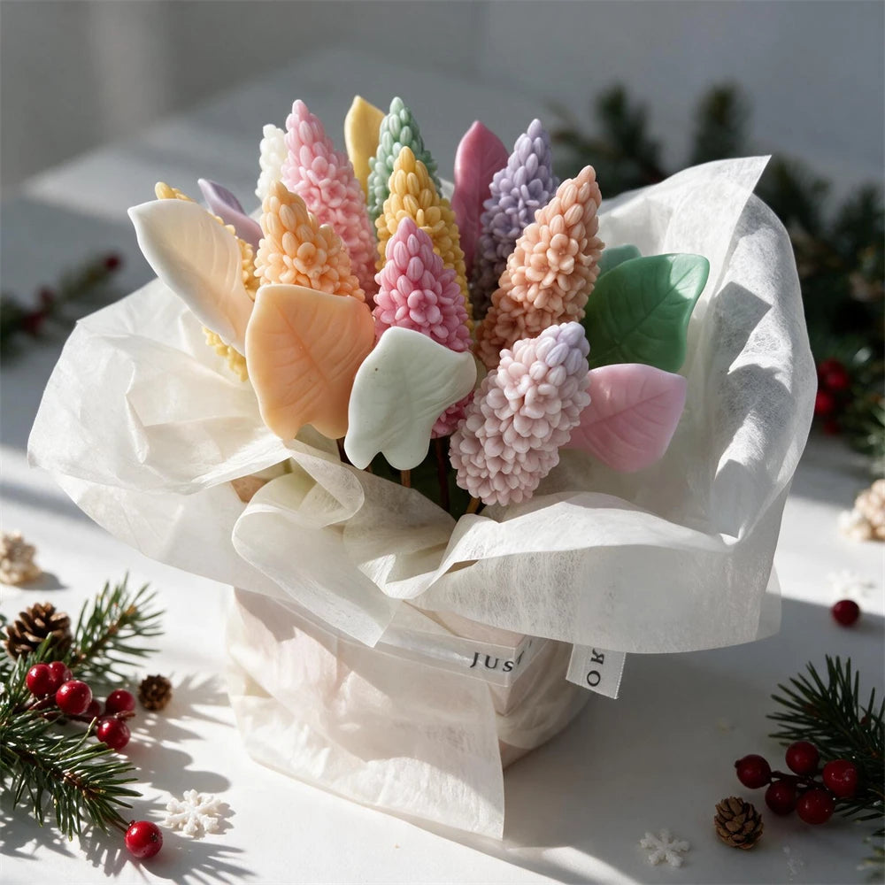 Lilac flower candles in pastel colours arranged as a floral candle bouquet