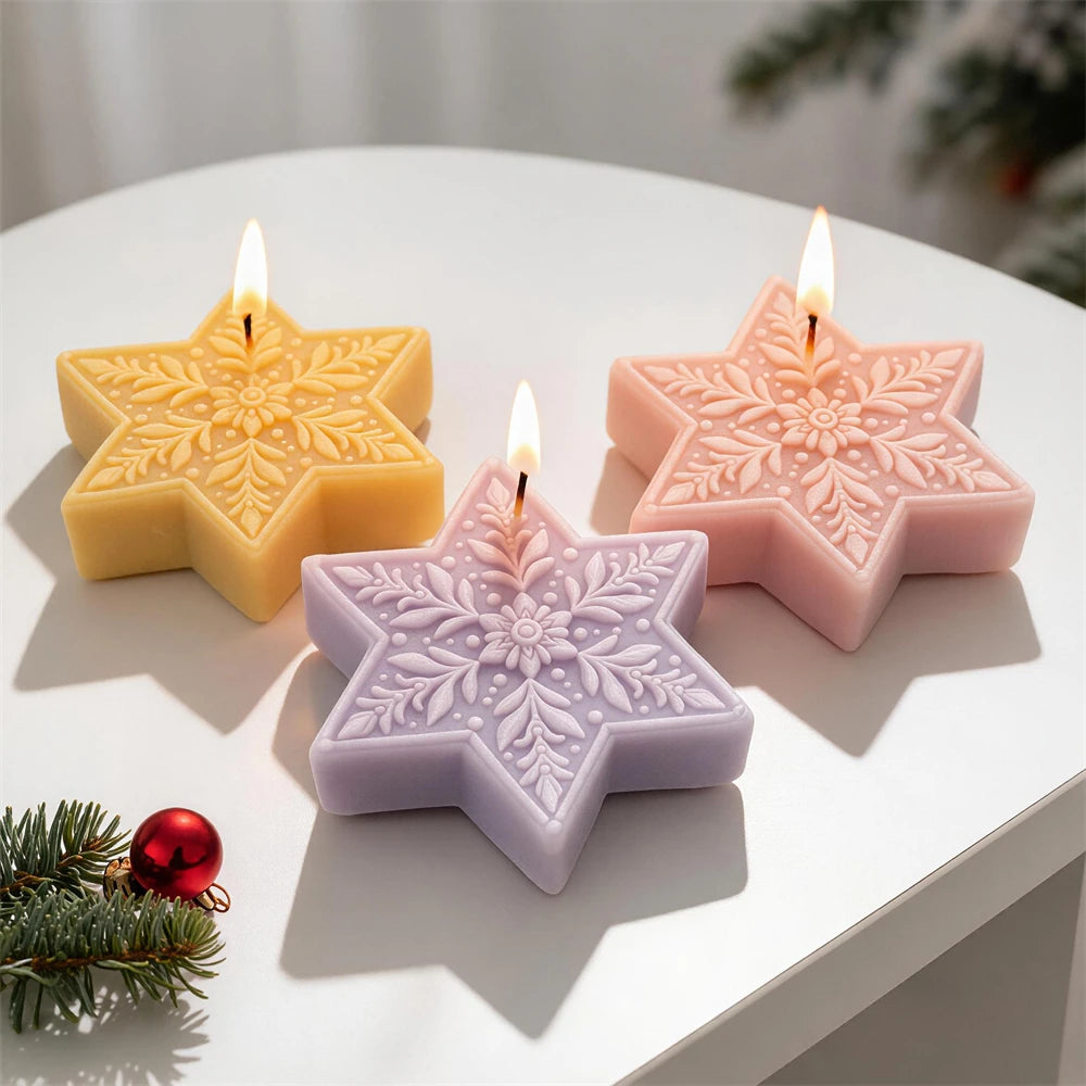 Pink cream purple and gold snowflake star candles for Christmas décor