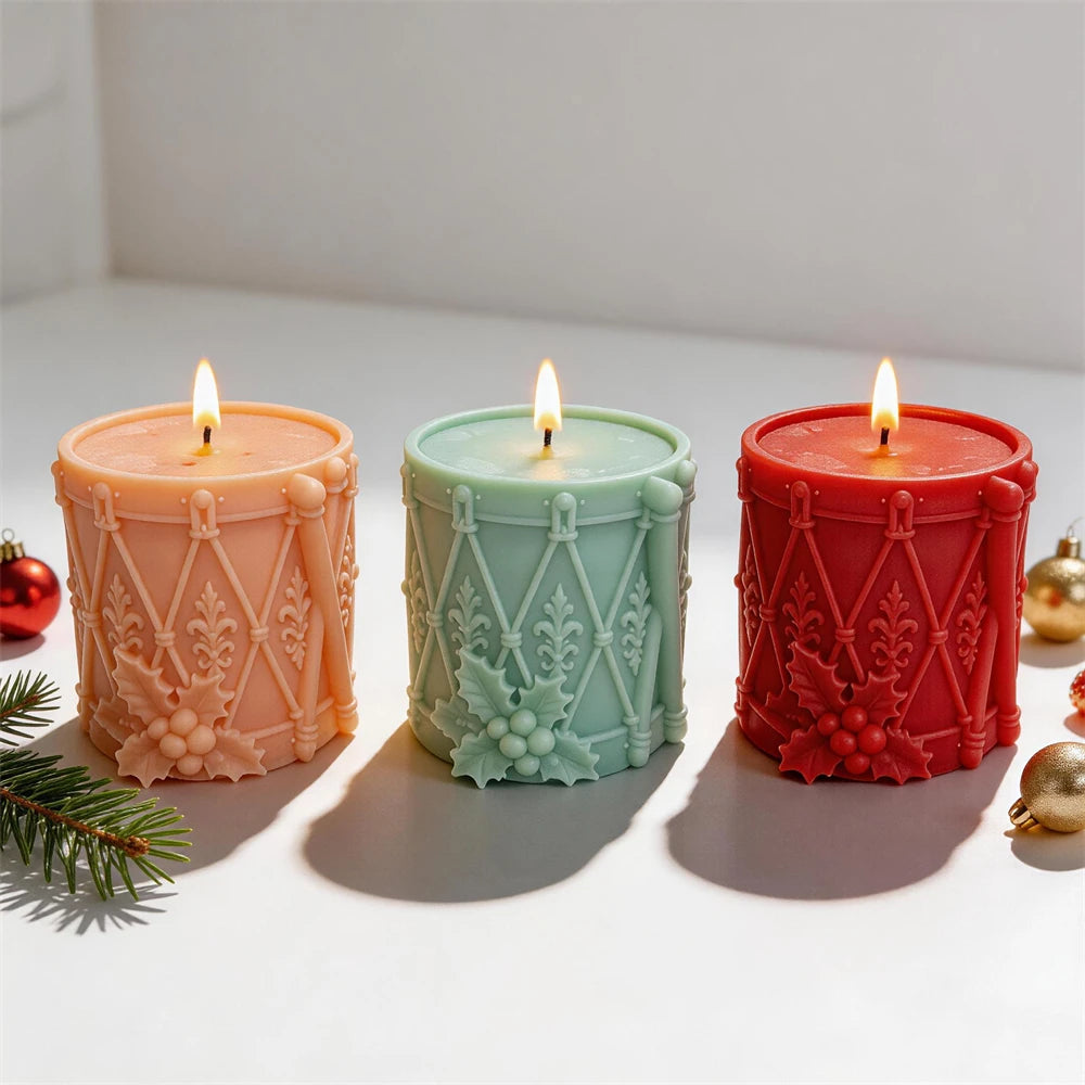 Red green pink and cream Christmas drum candles for holiday décor