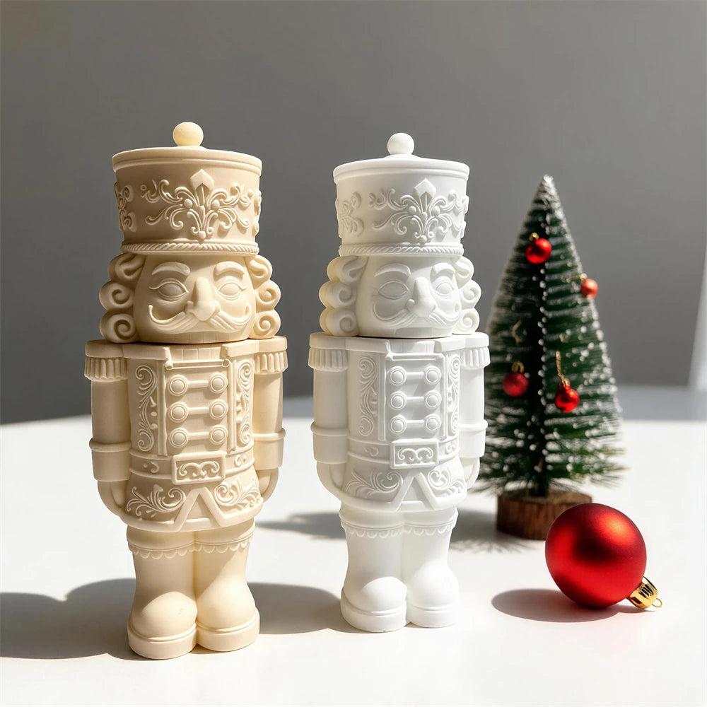 Lidded Nutcracker candle jar with removable head and decorative hat