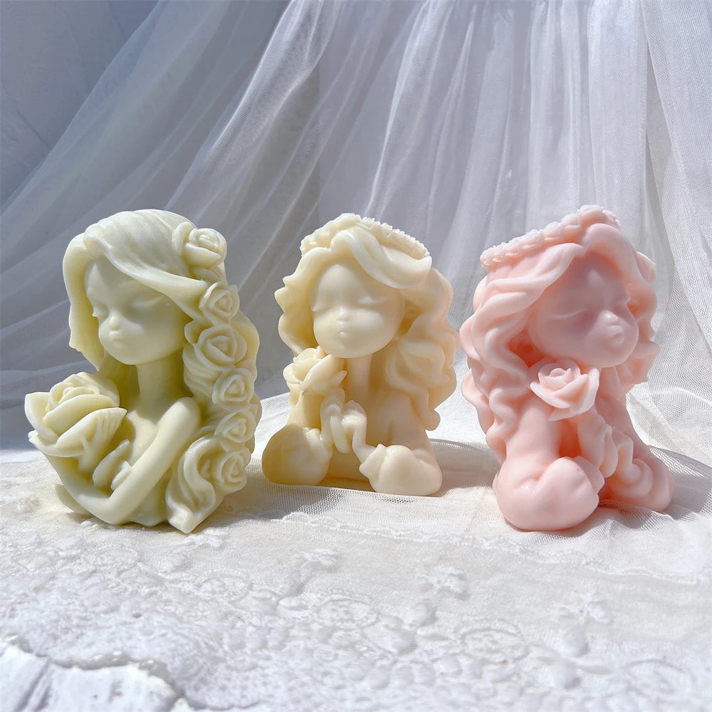 Two Designs Flower Fairy Figure Sculpture Candle Molds