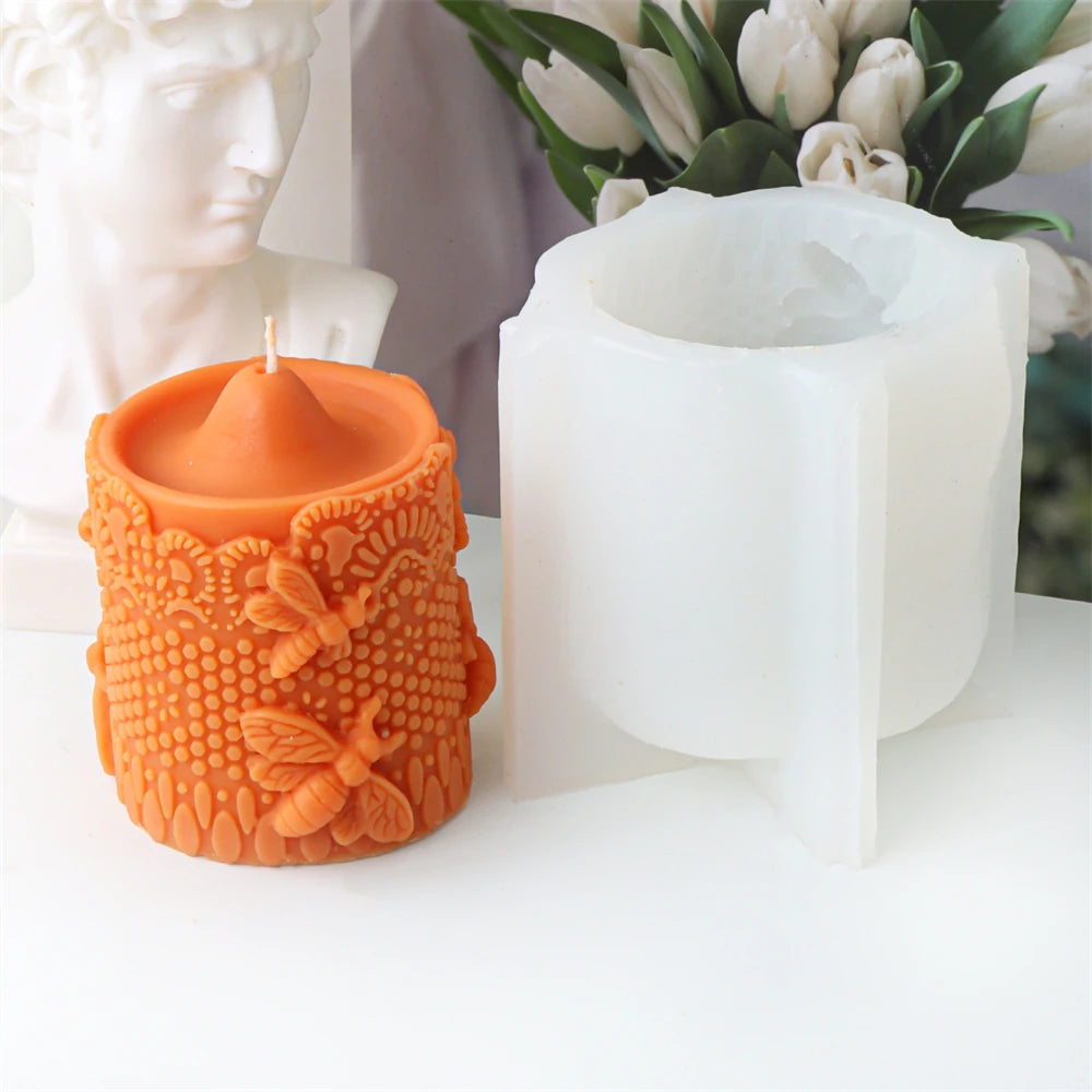 Embossed Bee Pillar Candle Silicone Mold