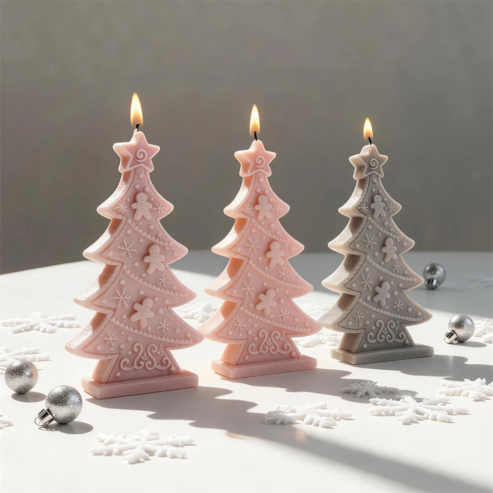 Pink cream gold and grey gingerbread Christmas tree candles for festive décor