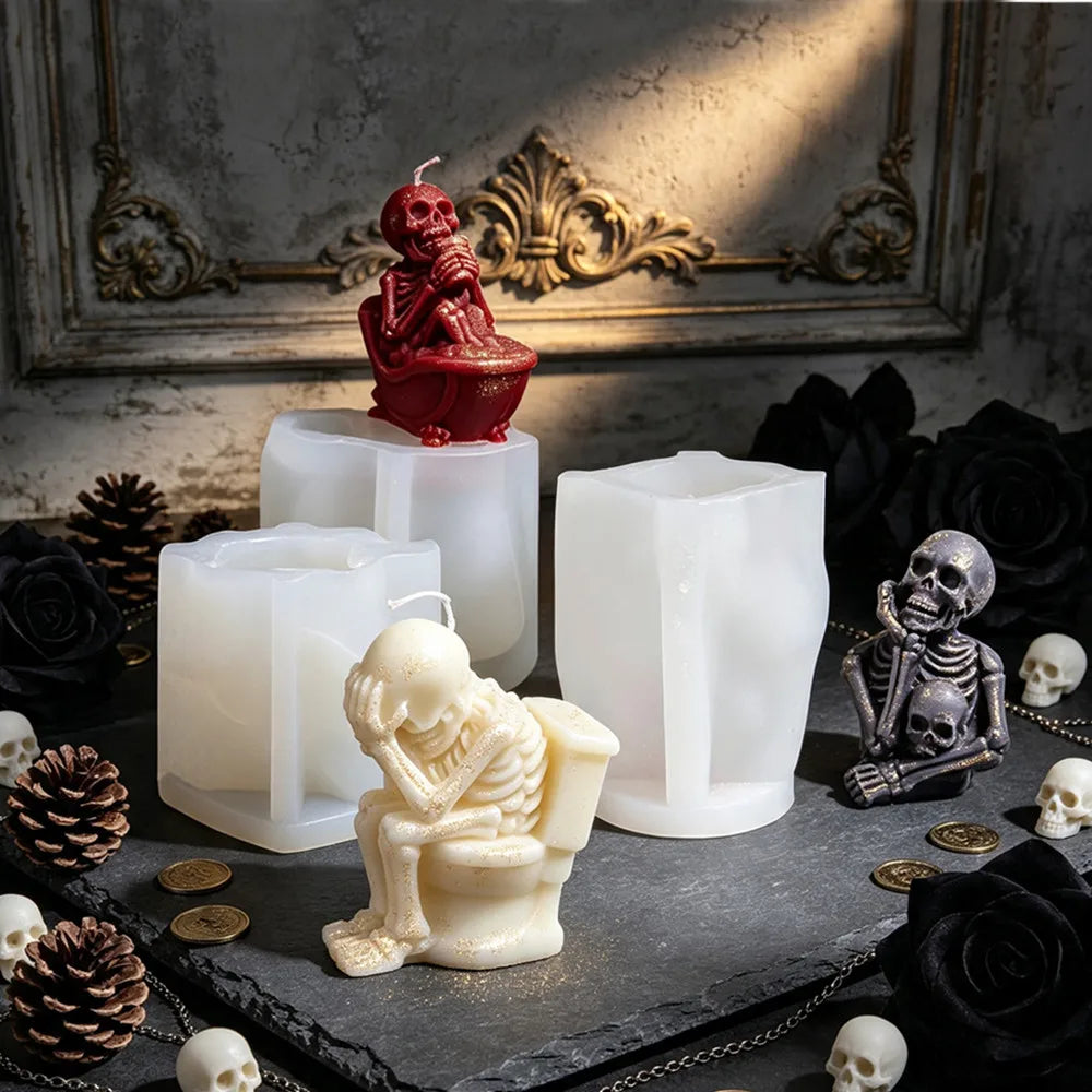 Three quirky gothic skeleton candle designs for Halloween