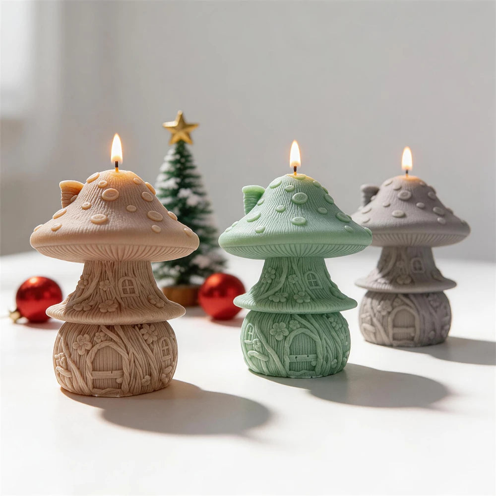 Whimsical mushroom house candle with windows vines leaves and spotted cap